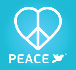 World peace, human rights, respect, love. International, countries, nations, peoples. Symbol, illustration against violence. Heart, white dove in flight with foliage, blue sky