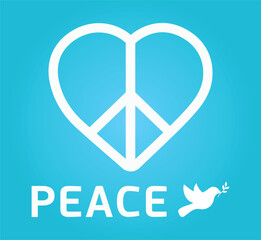 World peace, human rights, respect, love. International, countries, nations, peoples. Symbol, illustration against violence. Heart, white dove in flight with foliage, blue sky