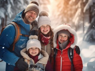 Fototapeta na wymiar Portrait of a happy family in snow field in Winter. Winter seasonal concept.
