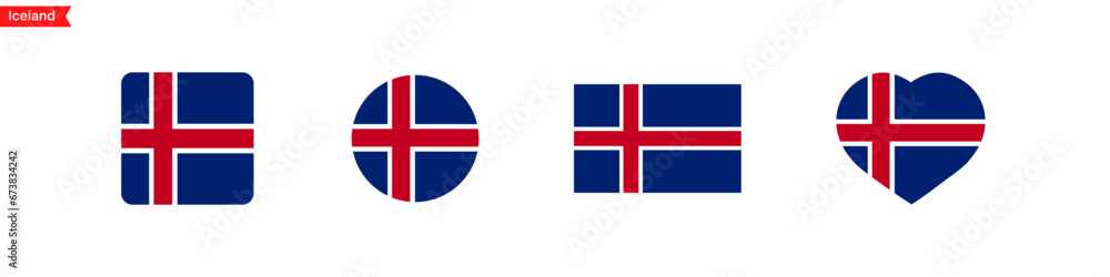Poster national flag of iceland. iceland flag icons in the shape of square, circle, heart. isolated flags f