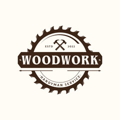 Wood template saw premium logo design with vintage carpentry tools.Logo for business, carpentry, lumberjack, label, badge.
