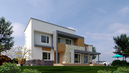 Fototapeta na wymiar modern house on a day, house in the park, rendering house in the park