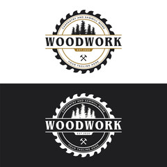 Fototapeta premium Wood template saw premium logo design with vintage carpentry tools.Logo for business, carpentry, lumberjack, label, badge.