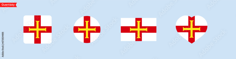 Poster national flag of guernsey. guernsey flag icons in the shape of square, circle, heart. isolated flags