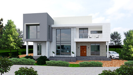 modern house with garden and flowers, illustration of a house, modern house on a day, house in the park, rendering house in the garden