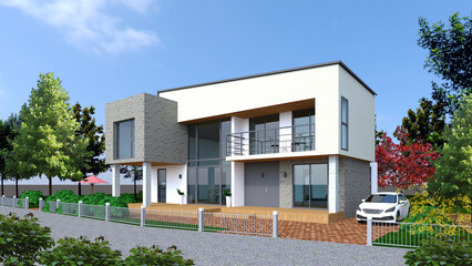 modern house with roof and blue sky, 3d render of a modern building
