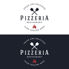 Retro vintage pizza or pizzeria logo template design with crossed shovels.Logo for business, restaurant, label and badge. - obrazy, fototapety, plakaty