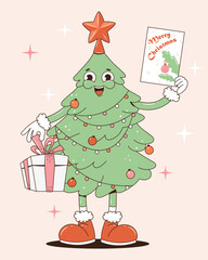 Christmas tree with a star in the hands of a gift and greeting card. Cartoon character in the popular 70s groove style. Merry Christmas and Happy New Year.