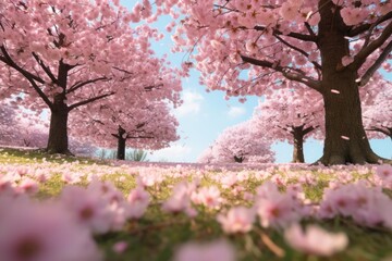 Close-up view of pink petals on ground in beautiful blooming cherry blossom woods in Spring. Spring seasonal concept.