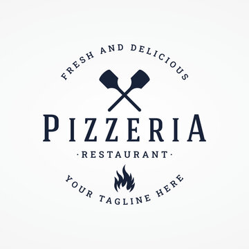 Retro vintage pizza or pizzeria logo template design with crossed shovels.Logo for business, restaurant, label and badge.