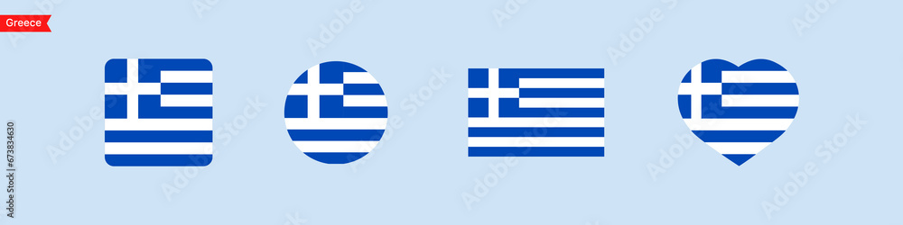 Poster national flag of greece. greece flag icons in the shape of square, circle, heart. isolated flags for