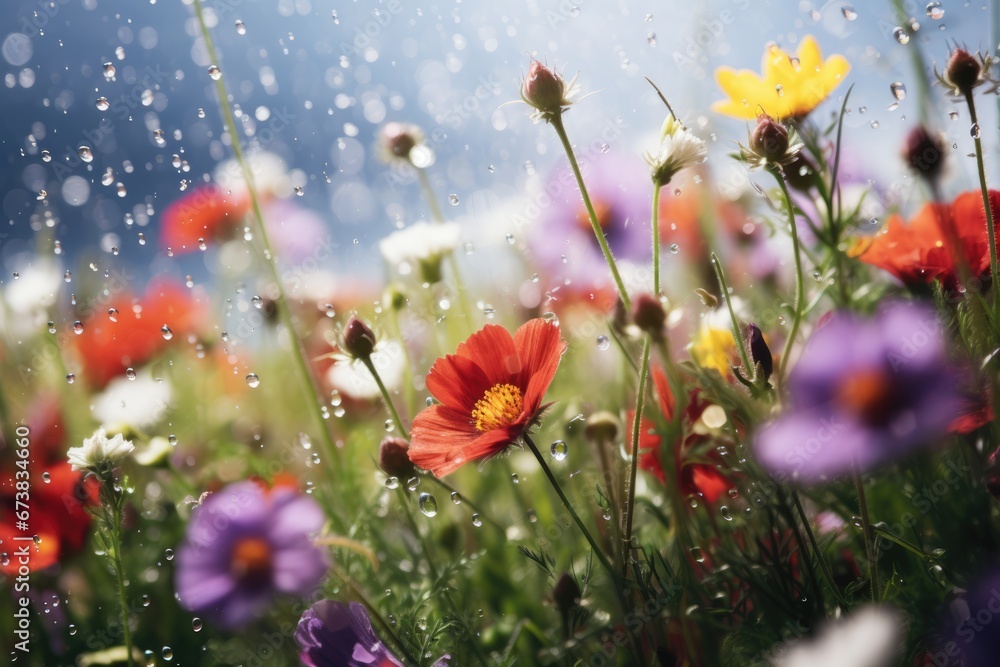Wall mural wild flower field in wild in rain with variable colors in spring. spring seasonal concept.