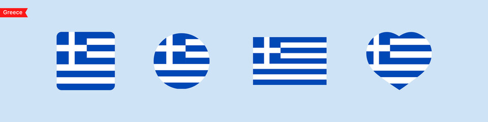 National flag of Greece. Greece flag icons in the shape of square, circle, heart. Isolated flags for language selection. Vector icons