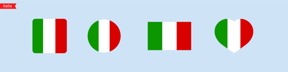 National flag of Italia. Italia flag icons in the shape of square, circle, heart. Isolated flags for language selection. Vector icons