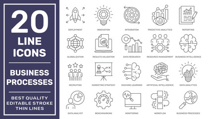 Business Processes and Smart Business. Thin line vector icon set. Pixel perfect. Editable stroke. EPS 10