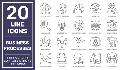 Business processes and tools. Business Intelligence and Management icons. Minimal thin line web icon set. Outline icons collection. Simple vector illustration. Editable Stroke. EPS 10 - obrazy, fototapety, plakaty