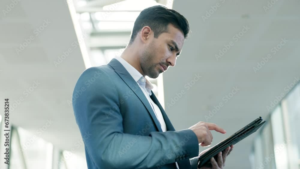 Poster Office, man and tablet with lens flare, scroll or browse internet website for research. Online search, social media or email, businessman with digital app for networking and technology to connect.