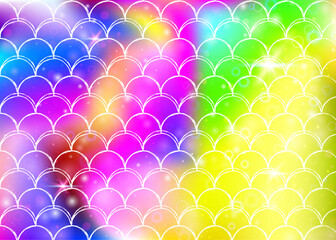 Rainbow scales background with kawaii mermaid princess pattern.