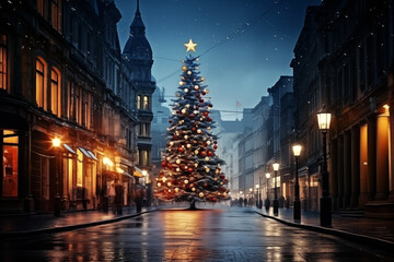 illustration of snowy winter city square with big decorated Christmas tree