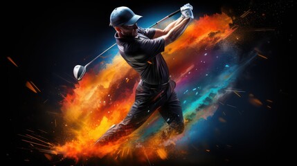 Golfer man swinging golf club against full color illustration background