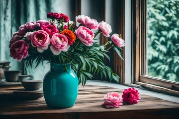 A bouquet of peony and carnation flowers, placed in a turquoise ceramic vase, on a wooden surface, near an open window.,