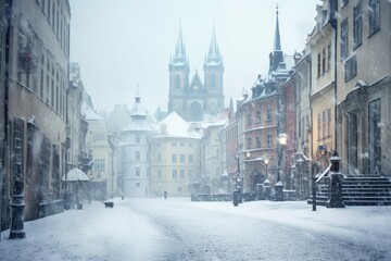 City building covered by heavy snow in storm in Winter. Winter seasonal concept.