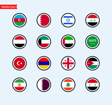 Flags of the countries of the Middle East continent. Color flags of countries. Isolated round flags of Middle East countries. Vector icons