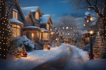 cute residential houses decorated with festive lights in snowy winter neighborhood. christmas holiday season