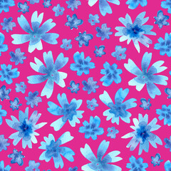 Watercolour delicate blue flowers seamless pattern, hand drawn illustration. Floral on pink background.	