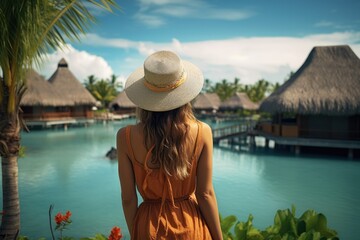 Lovely graceful lady in long skirt in a luxury resort with beautiful seascape. Summer tropical vacation concept. - obrazy, fototapety, plakaty