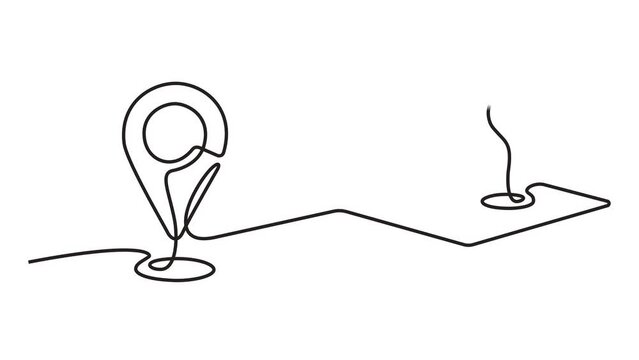 Continuous line animation of a Google map view of an urban area. route direction and location. Simple pin between two points in thin Linear style. Gps navigation and Travel concept.