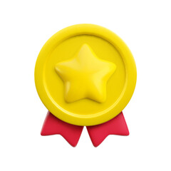 Vector 3d medal with star and red ribbons realistic icon. Trendy gold round wavy award, abstract winner badge sign. 3d render minimal cartoon quality warranty certificate badge illustration.