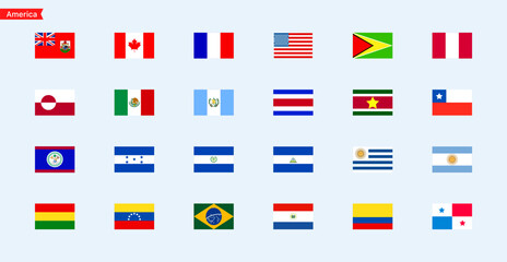 Flags of the countries America continent. Isolated flags of America continent. Color flags of America countries. Vector icons