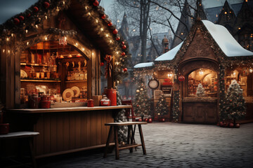 christmas market with cute decorated stalls illuminated with festive lights on evening winter street. cozy atmosphere - 673836263