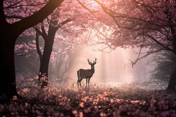 Male deer with antlers stand in forest in Spring with beautiful booming cherry blossom