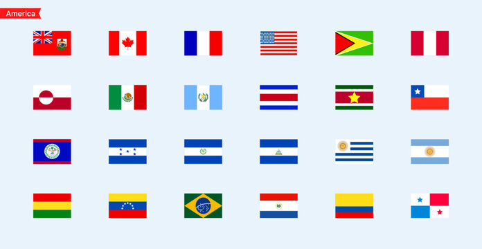 Flags of the countries America continent. Isolated flags of America continent. Color flags of America countries. Vector icons