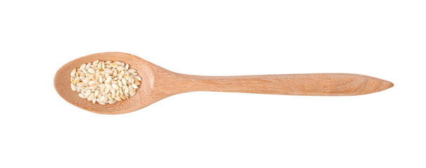 White sesame seeds in wood spoon on white background.