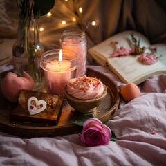 tray in the bed with sweets, flowers and candels