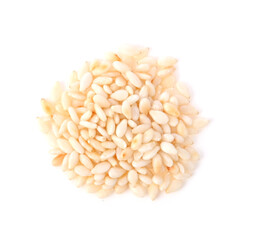 White sesame seeds on white background.