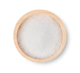 sugar in wood bowl on white background. top view