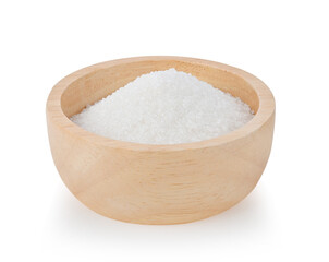 White sugar in wood bowl on white background