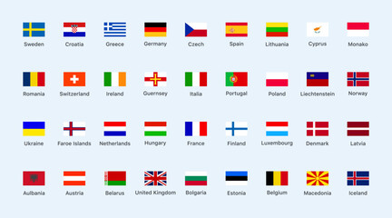 Flags of the countries Europe continent. Isolated flags of Europe continent. Color square flags of Europe countries. Vector icons