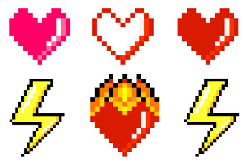 Pixel design, pixel hearts with flash and fire, vector illustration