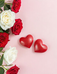 red hearts on a pink background with red and white roses