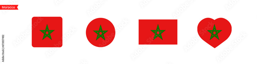 Poster national flag of morocco. moroccan flag icons in the shape of a square, circle, heart. isolated flag