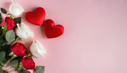 red hearts on a pink background with red and white roses