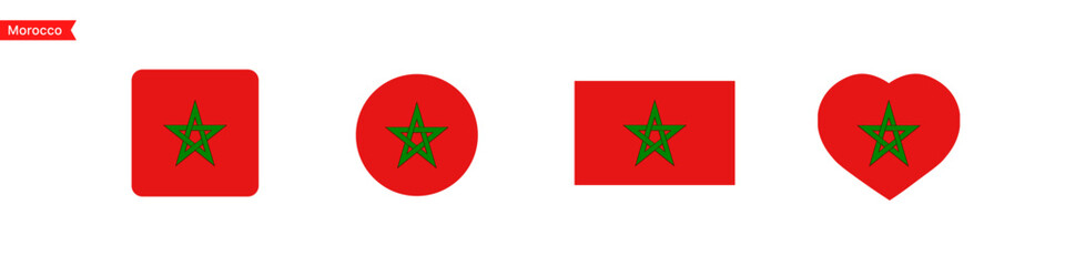 National flag of Morocco. Moroccan flag icons in the shape of a square, circle, heart. Isolated flags for language selection. Vector icons