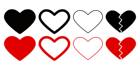 Hearts with filling, thick outline, thin outline and split in half, in black and red