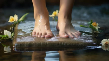 Fotobehang Photo of beautiful smooth woman's foot on wet stones, doing natural meditation relaxation yoga © Muamanah