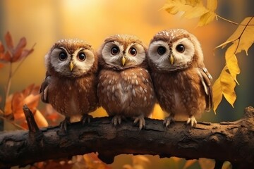 Three lovely cute owl stand together on tree in Autumn with beautiful foliage.